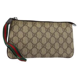 GUCCI GG Supreme Web Sherry Line Bag PVC Beige Silver 190553 0959 Auth 146121